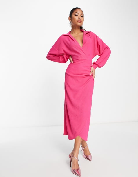 ASOS DESIGN textured collared wrap midi dress in bright pink