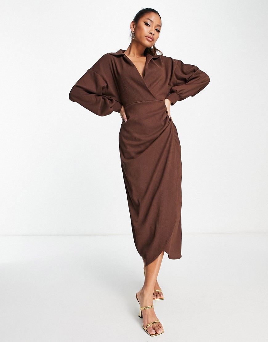 ASOS DESIGN textured collared wrap midi dress in brown
