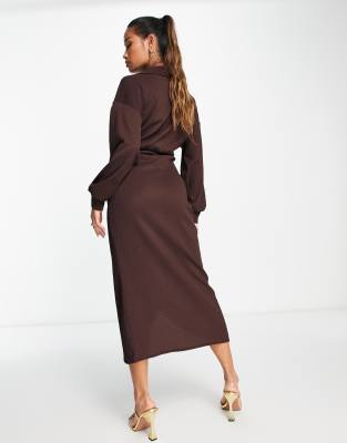 asos brown midi dress DESIGN textured collared wrap in Brown polka dot dress