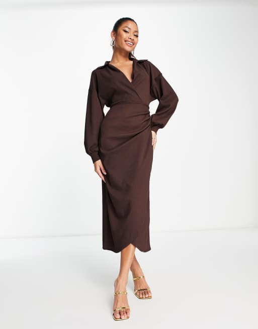 DESIGN textured collared wrap midi in brown | ASOS