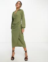 ASOS DESIGN collared wrap midi dress with tie belt in terracotta