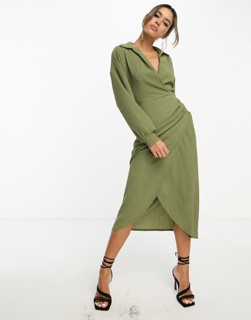 ASOS DESIGN textured collared wrap midi dress in dark khaki