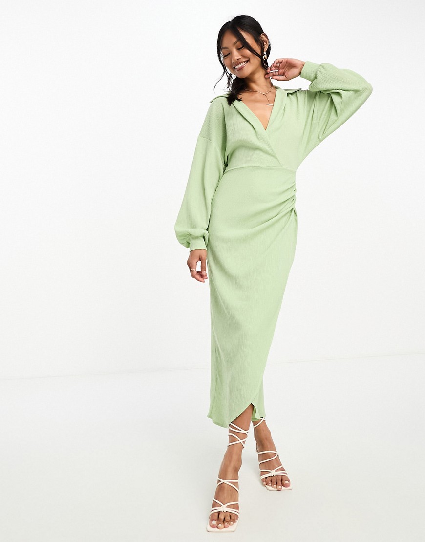 Asos Design Textured Collared Wrap Midi Dress In Mint-green
