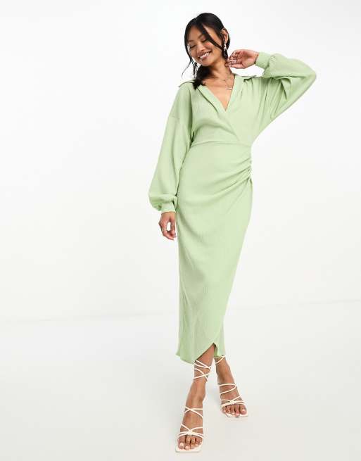 Flounce London - high neck maxi dress with ruched detail in olive green