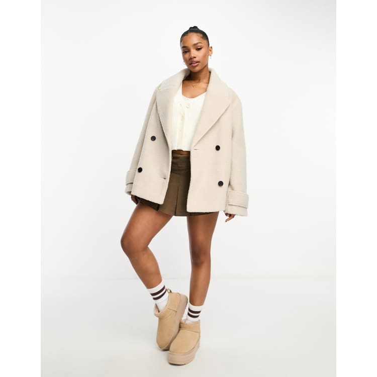 ASOS DESIGN textured cosy pea coat in cream