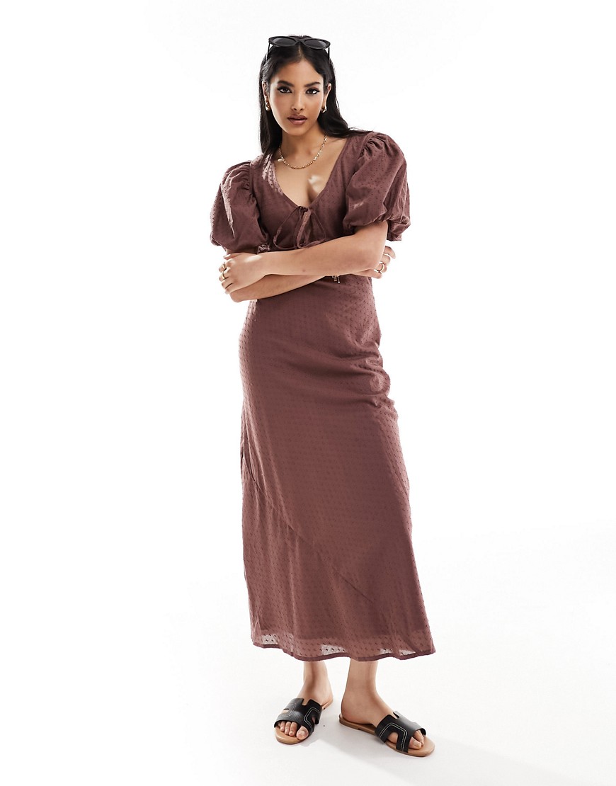Asos Design Textured Cotton Midi Dress With Keyhole & Puffed Sleeve In Chocolate Brown