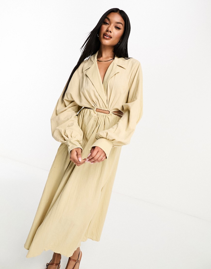 Asos Design Textured Cotton Midi Shirt Dress With Cut Out Detail In Natural-brown