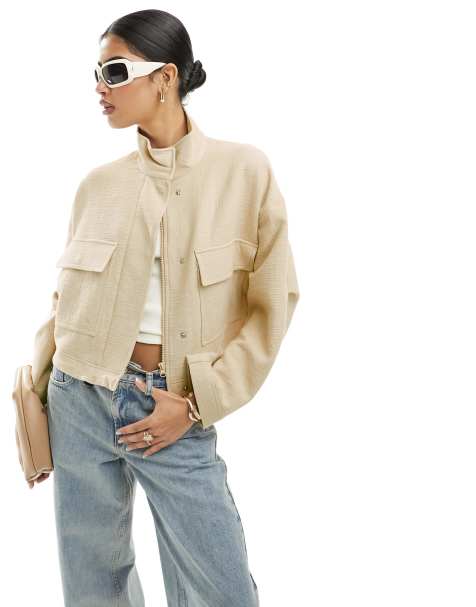 ASOS DESIGN textured cotton shacket in stone - view 1