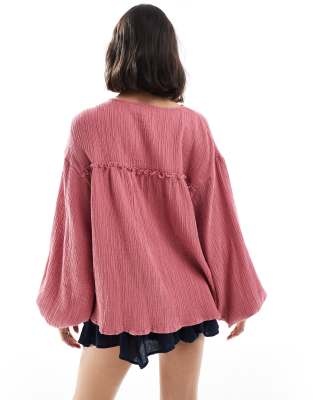 Asos Design Textured Cotton Smock Top With Tie Detail In Pink