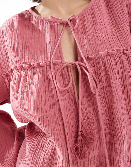 ASOS DESIGN textured cotton smock top with tie detail in rose pink