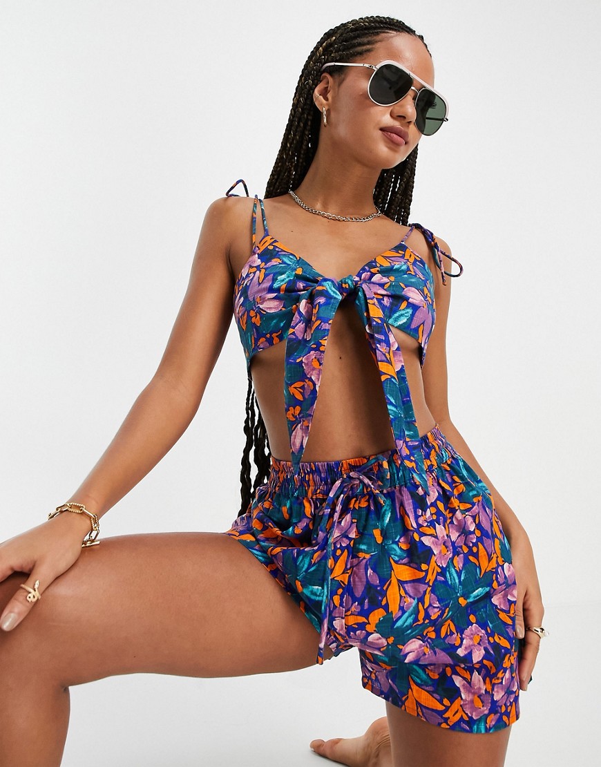 ASOS DESIGN textured cotton tie front crop beach top in abstract floral print - part of a set-Multi