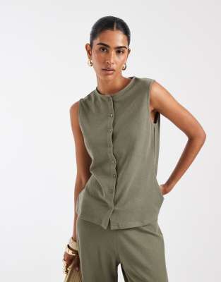 ASOS DESIGN textured crew neck waistcoat co-ord in khaki