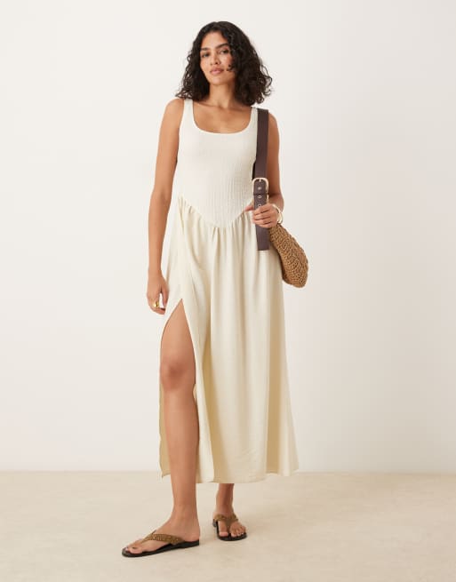 ASOS DESIGN textured crinkle bodice scoop midi dress with bubble hem in cream
