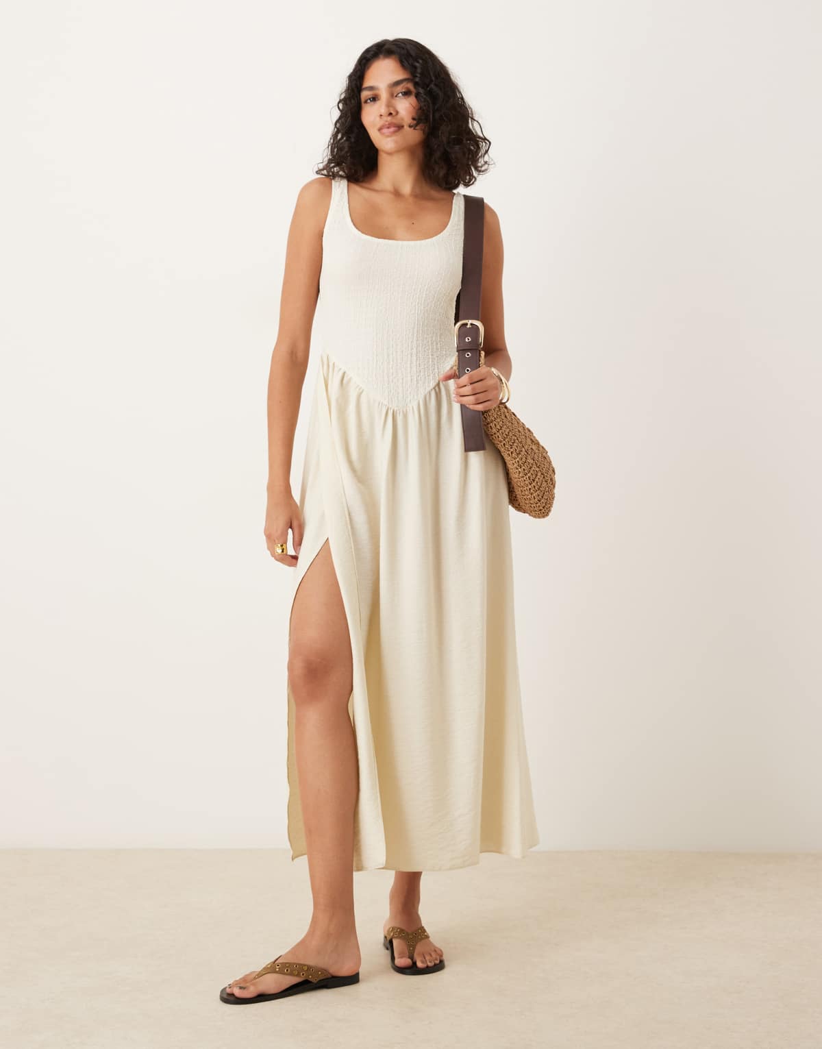 ASOS DESIGN textured crinkle bodice scroop midi dress with bubble hem in cream