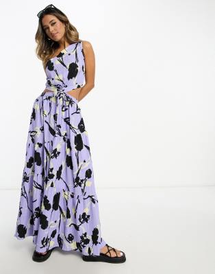 Asos Design Textured Crinkle One Shoulder Maxi Dress With Cut Out Detail In Purple Floral-multi