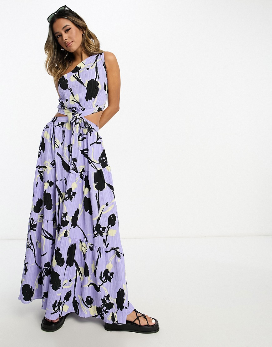 ASOS DESIGN textured crinkle one shoulder maxi dress with cut out detail in purple floral-Multi