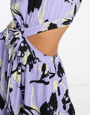 ASOS DESIGN textured crinkle one shoulder maxi dress with cut out detail in  purple floral