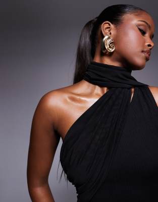Shop Asos Design Textured Crinkle One Shoulder Midi Dress With Sheer Neck Tie Sash In Black