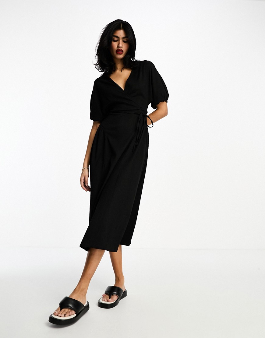 ASOS DESIGN textured crinkle wrap midi dress with tie side in black