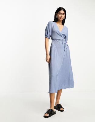 Asos Design Textured Crinkle Wrap Midi Dress With Tie Side In Blue