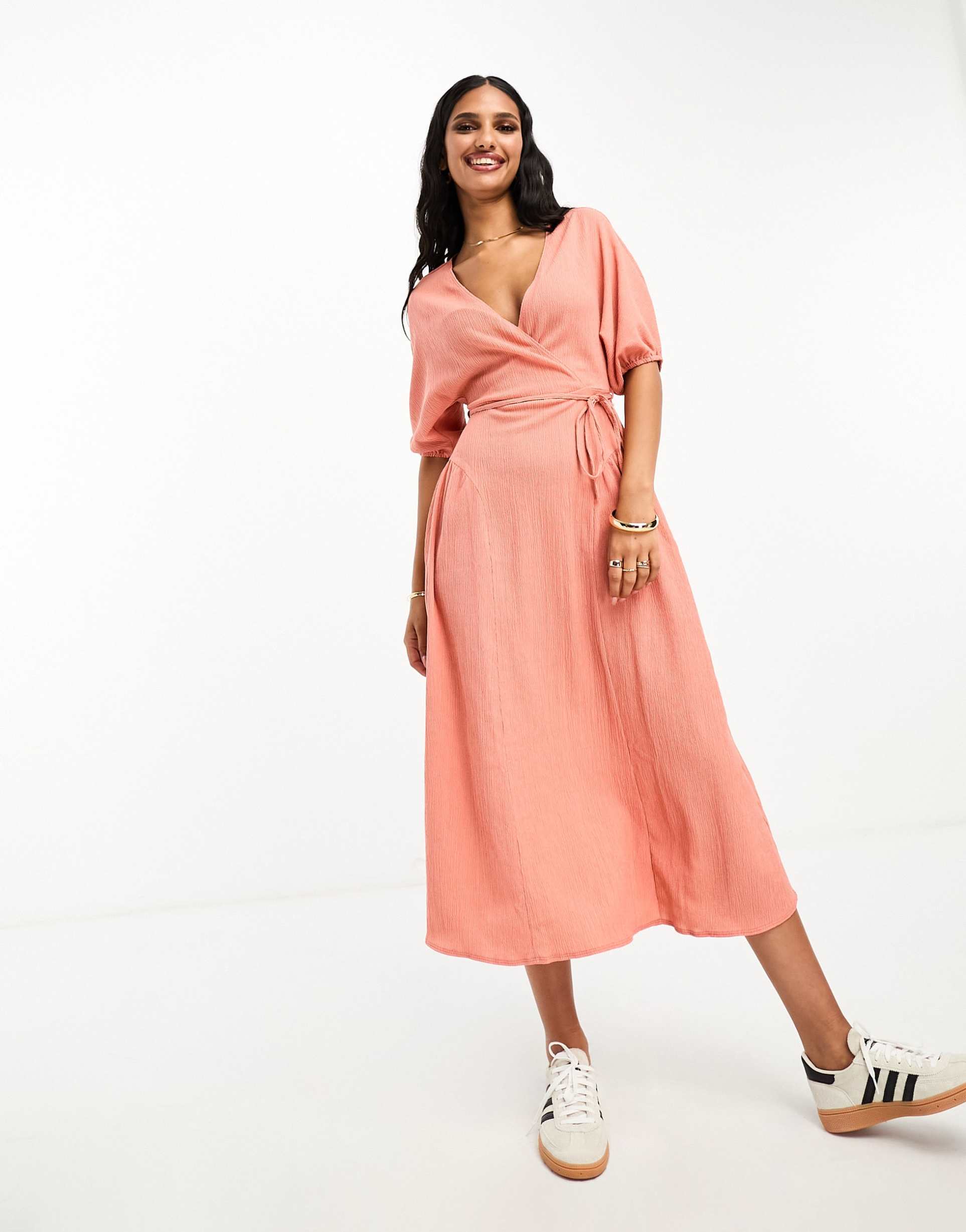 asos design textured crinkle wrap midi dress with tie side in light rust