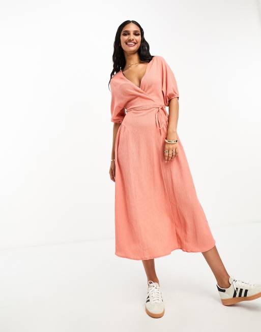 ASOS DESIGN Maternity wrap front midi dress with puff sleeves in pink