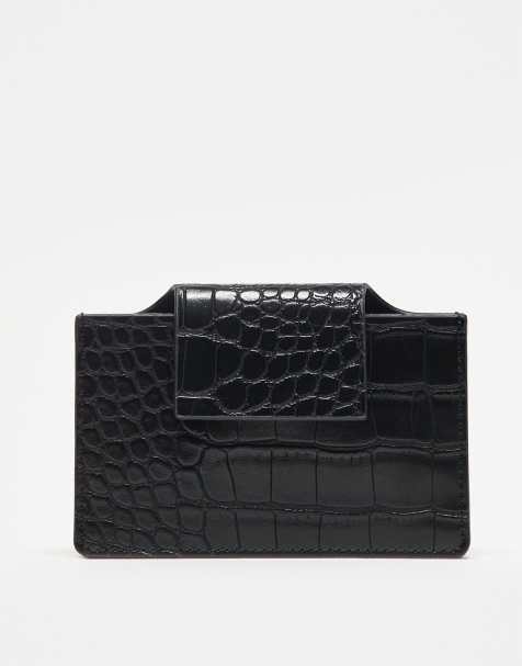 ASOS DESIGN textured croc card holder in black - view 1