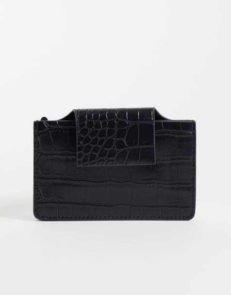 ASOS DESIGN textured croc card holder in black - view 1