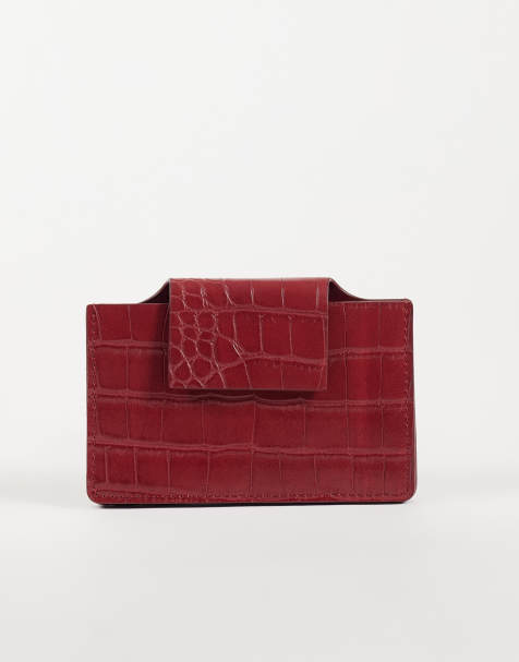 ASOS DESIGN textured croc card holder in burgundy - view 1