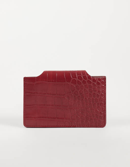 ASOS DESIGN textured croc card holder in burgundy, 2 of 3