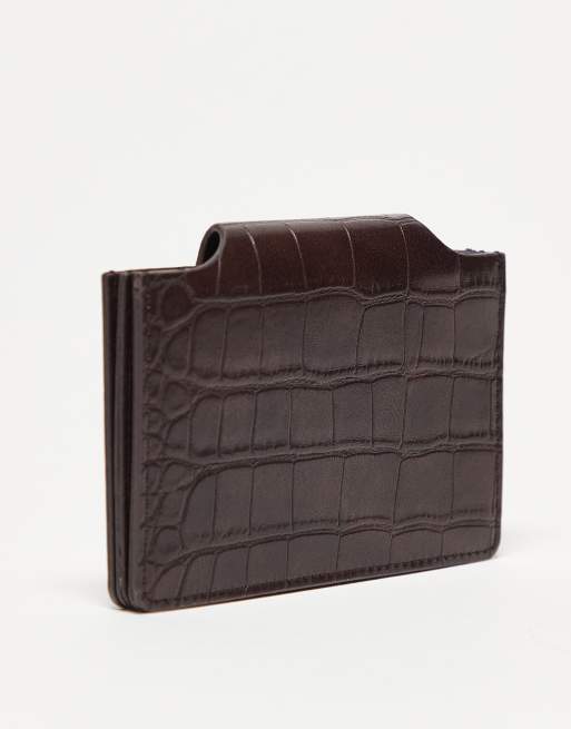 ASOS DESIGN textured croc card holder in chocolate, 2 of 3