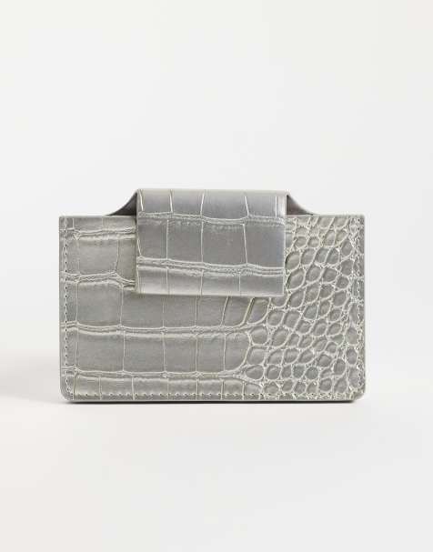 ASOS DESIGN textured croc card holder in metallic silver - view 1