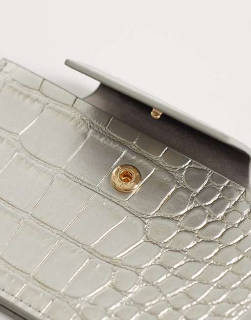 ASOS DESIGN textured croc card holder in metallic silver, 2 of 3