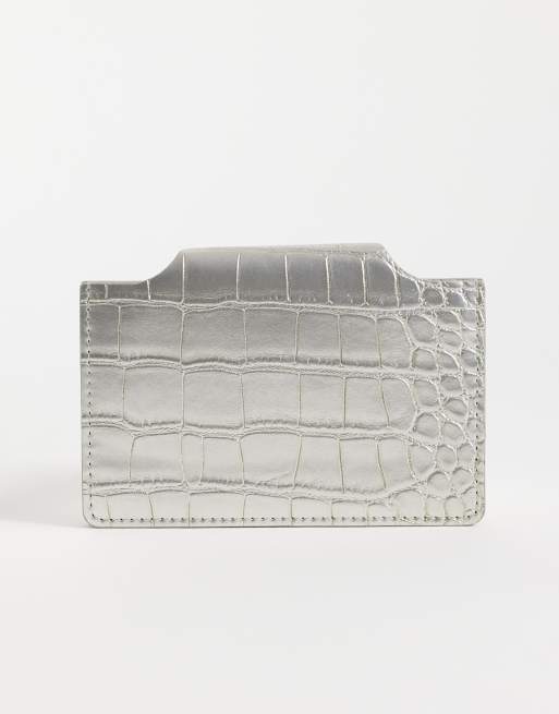 ASOS DESIGN textured croc card holder in metallic silver, 3 of 3