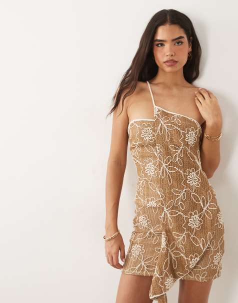 ASOS DESIGN textured crochet asymmetric top in brown - part of a set - view 1