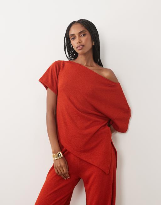 ASOS DESIGN textured crochet jersey off shoulder top set in burnt red, 3 of 3
