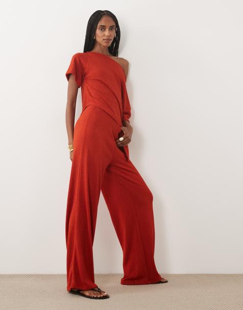 ASOS DESIGN textured crochet jersey wide leg pants in burnt red - part of a set - view 1