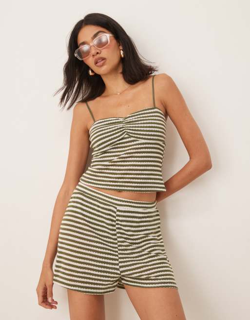ASOS DESIGN textured crochet ruched cami top in green stripes - part of a set, 2 of 4