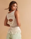 [ASOS DESIGN] ASOS DESIGN textured crochet stitch singlet top with open back and fringe hem in stone-Neutral M Stone