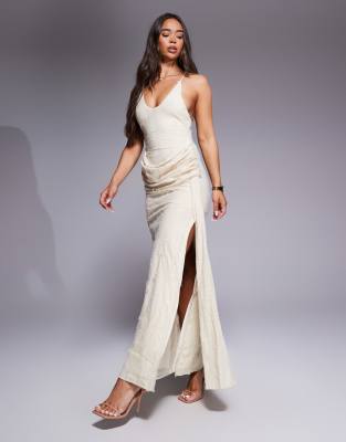 Asos Design Textured Cross Back Maxi Dress With Drape Detail In Neutral