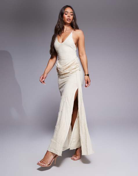 ASOS DESIGN textured cross back maxi dress with drape detail in cream - view 1