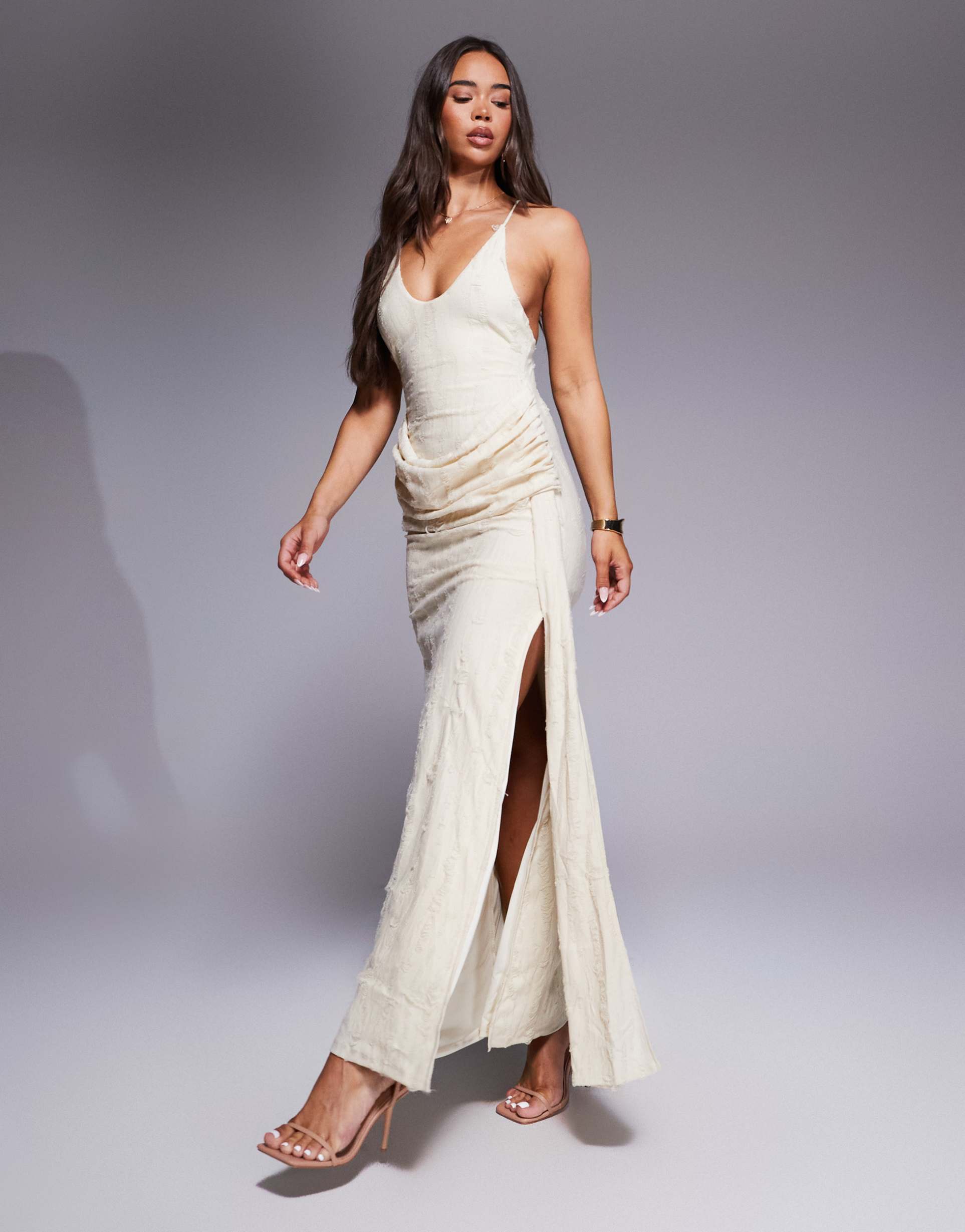 asos design textured cross back maxi dress with drape detail in cream