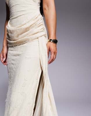 Asos Design Textured Cross Back Maxi Dress With Drape Detail In Neutral