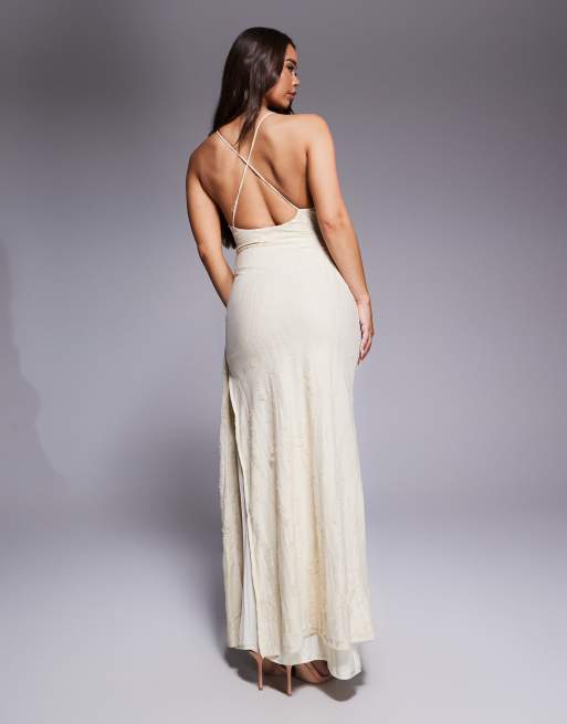 ASOS DESIGN textured cross back maxi dress with drape detail in cream | ASOS