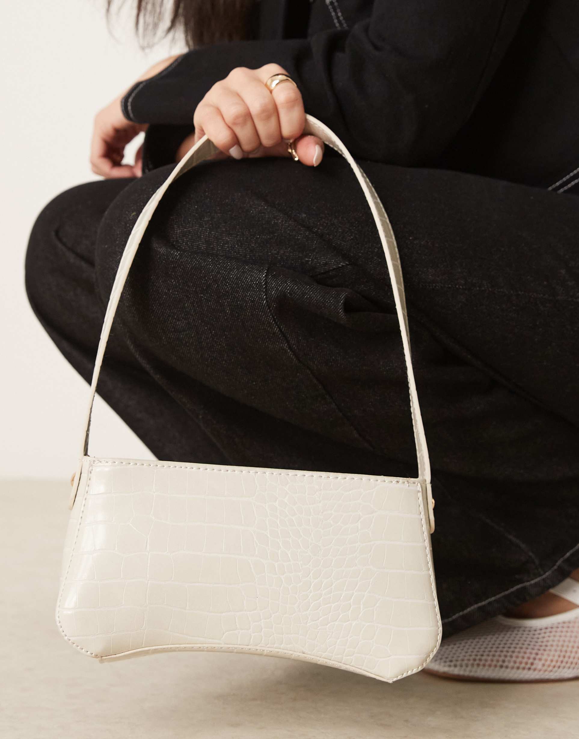 asos design textured curved base shoulder bag in stone