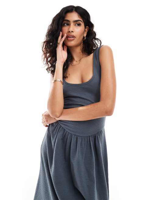 FhyzicsShops DESIGN textured curved waist seam scoop neck midi dress in charcoal