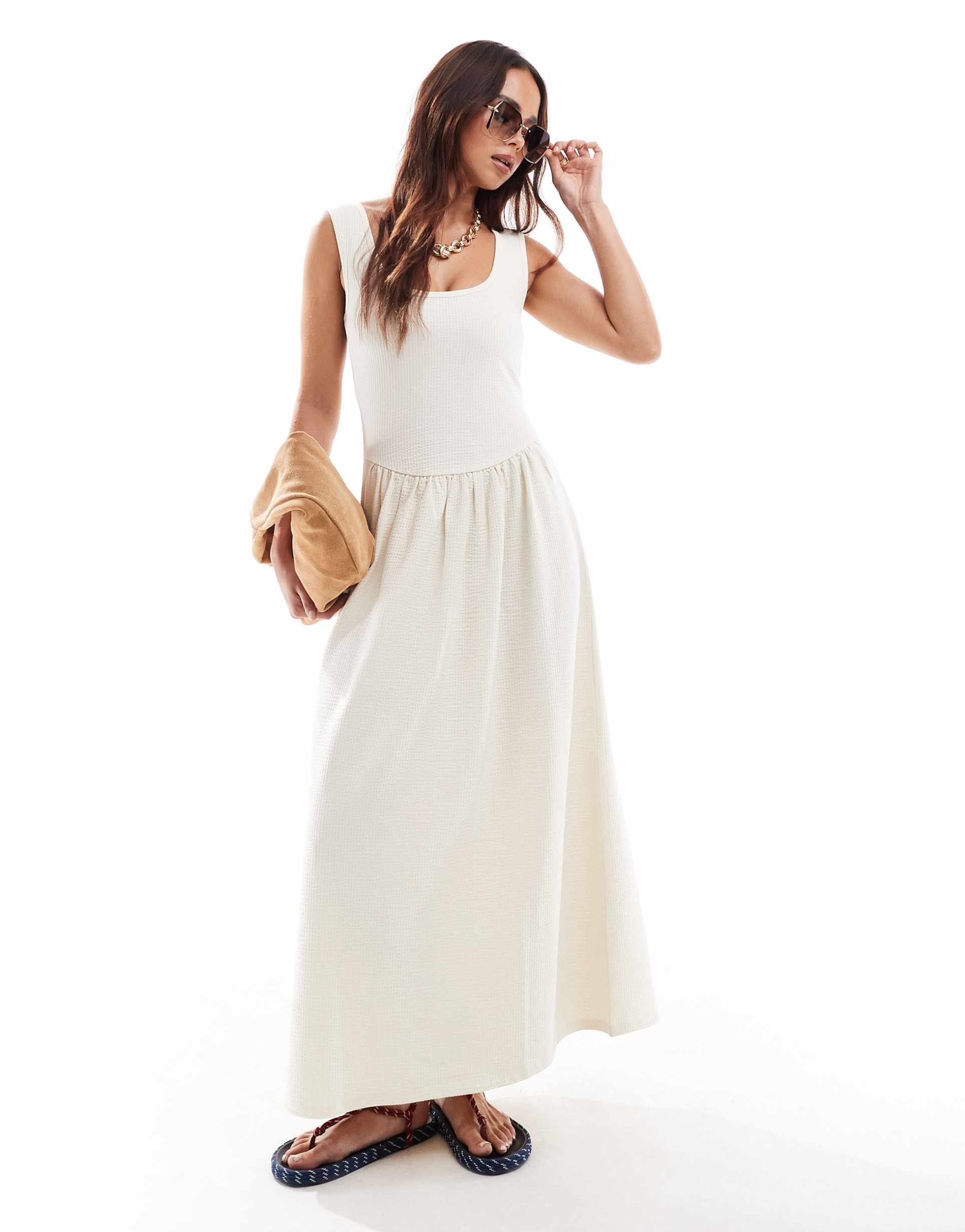 asos design textured curved waist seam scoop neck midi dress in cream
