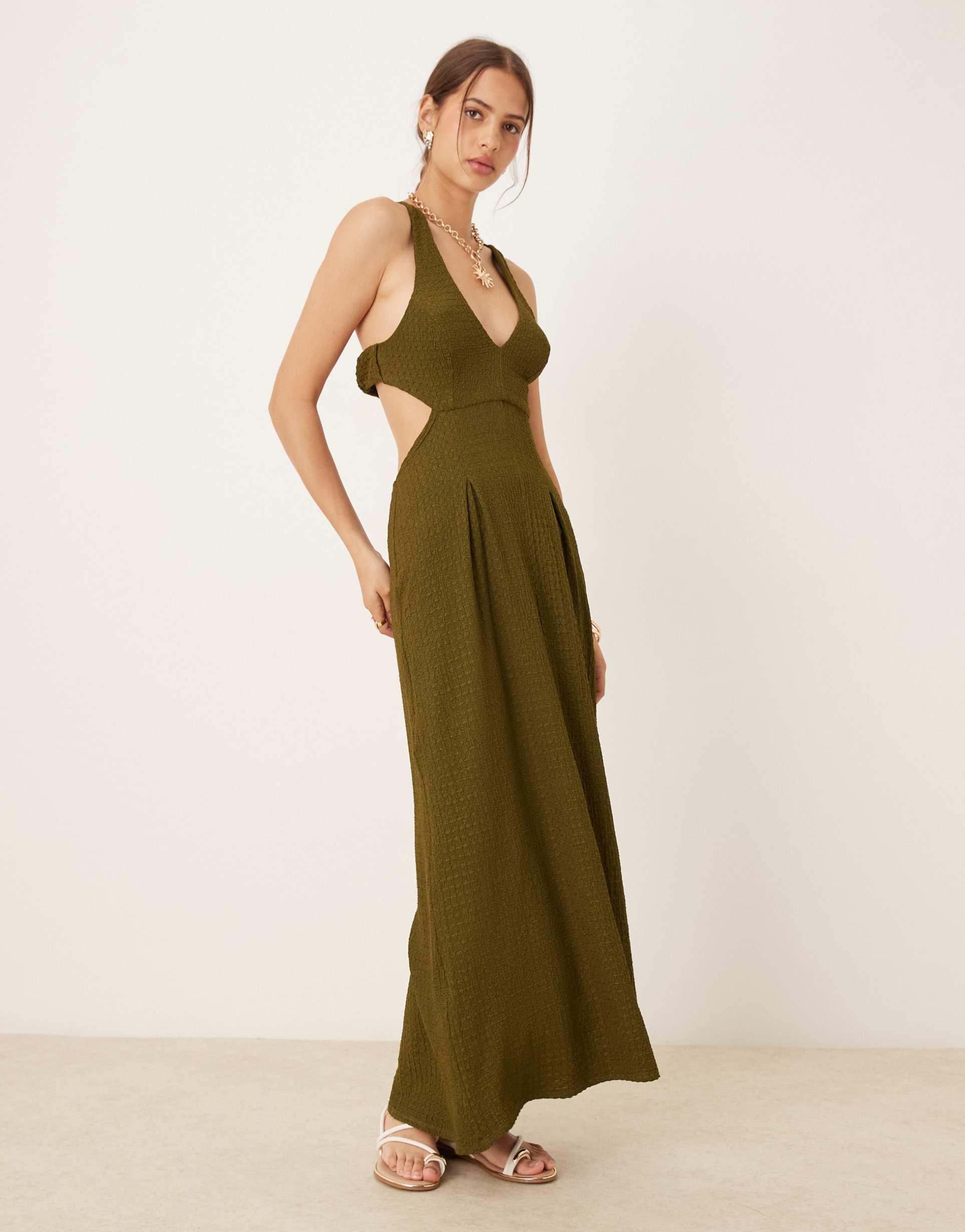 asos design textured cut out halter maxi dress in olive