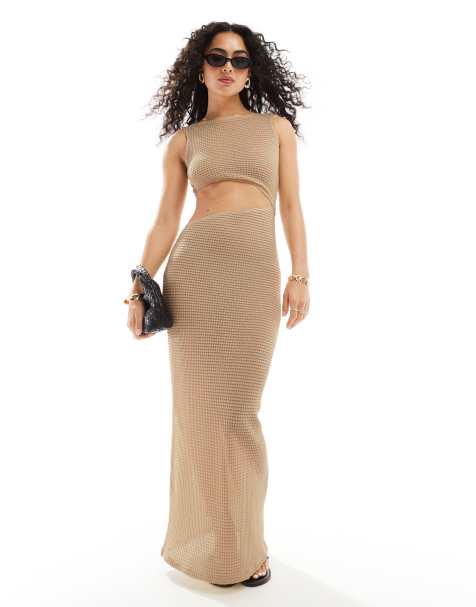 ASOS DESIGN textured cutout sleeveless midi dress in stone - view 1