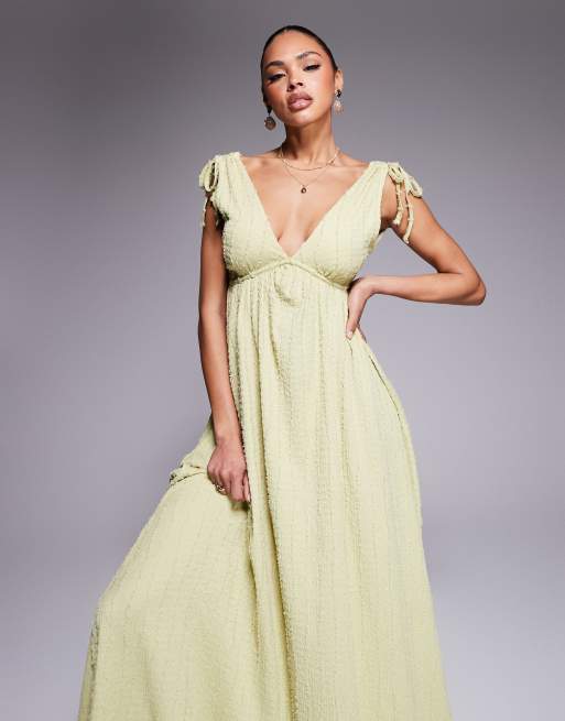 ASOS DESIGN textured deep V trapeze midi dress in sage